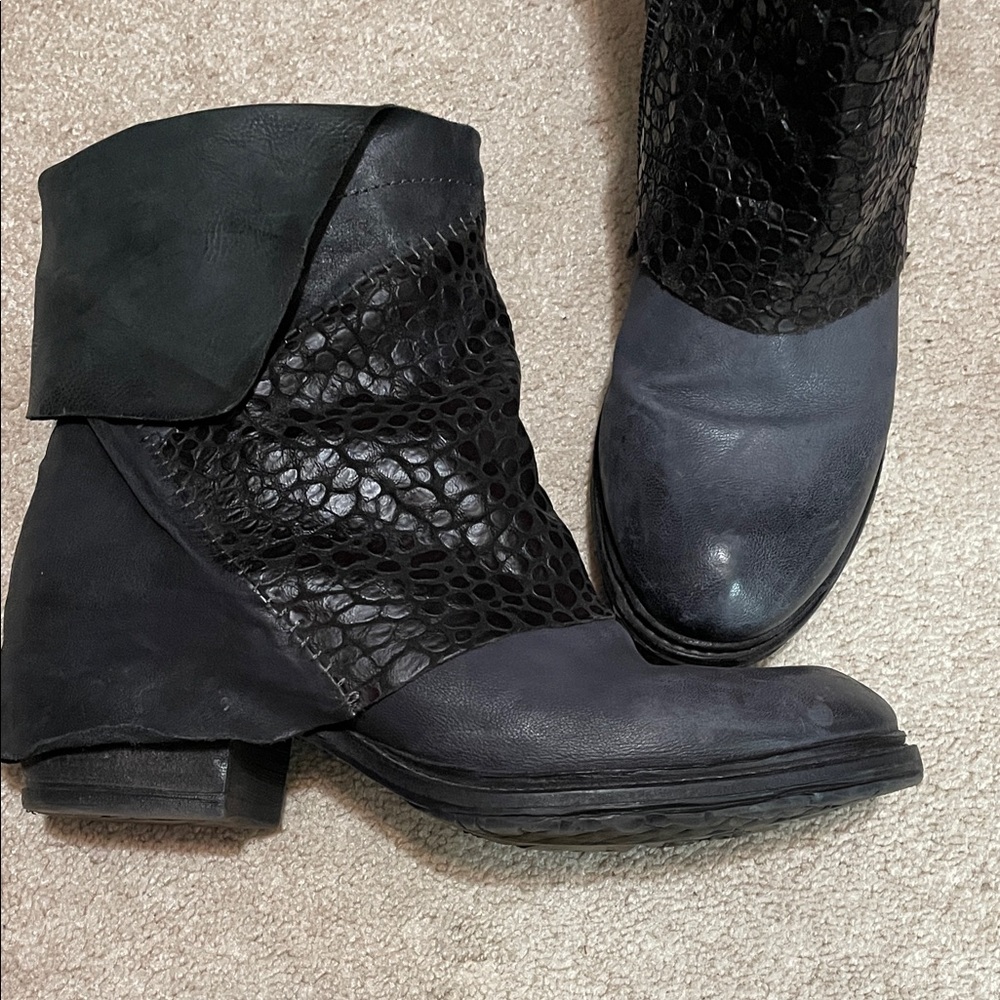 A.S. 98 Black and Blue Textured Ankle Boots